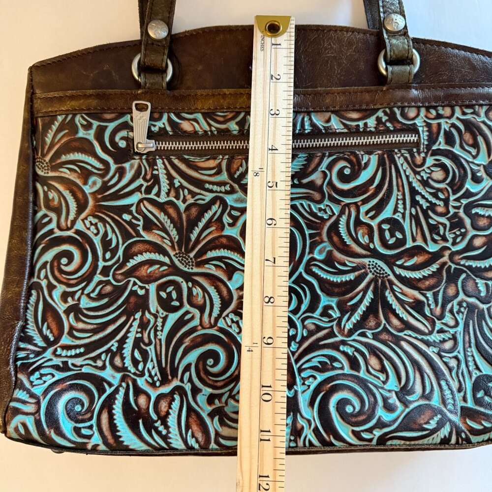 Patricia Nash Poppy Top Zip Tote Turquoise Embossed Leather Floral Design 14x10 - Picture 5 of 16